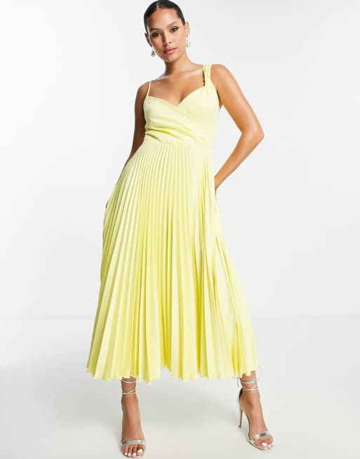 Closet London – Citrongul plisserad midiklänning med draperad ringning