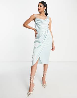 Closet London Cowl Neck Drape Midi Dress In Light Blue-green