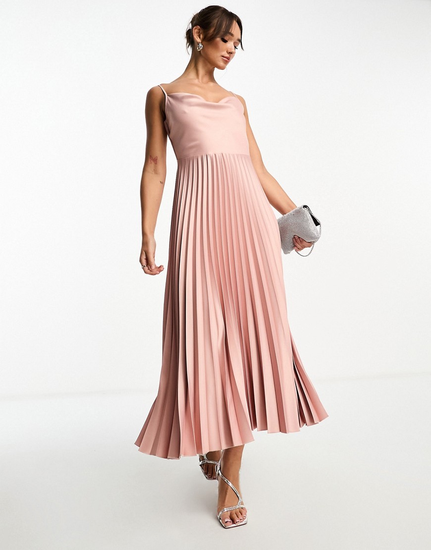 cowl neck pleated midaxi dress in mink-Neutral