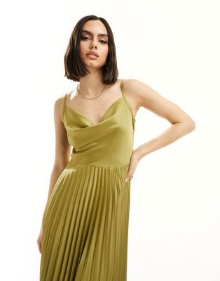 cowl neck pleated midaxi dress in moss green