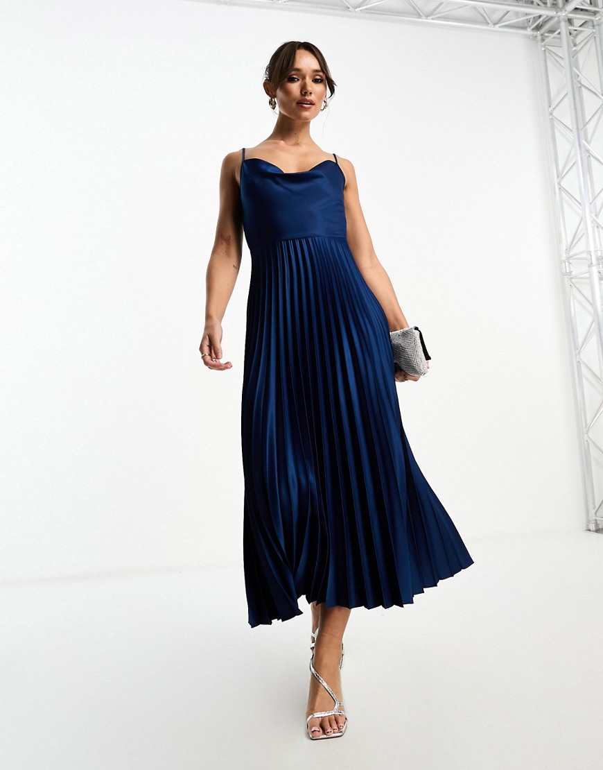 cowl neck pleated midaxi dress in navy