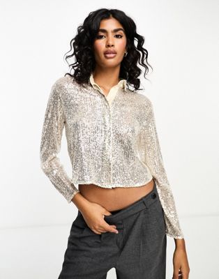 cropped sequin slouchy shirt in silver