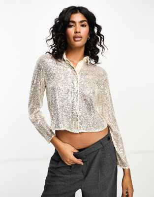 Closet London Cropped Sequin Slouchy Shirt In Silver