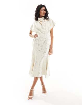 drape midaxi dress in cream and gold-Multi