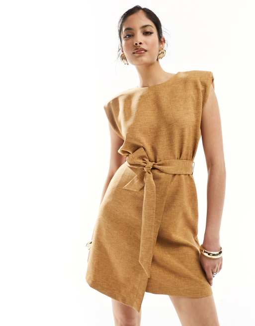 Closet London drape tailored mini Button dress in taupe brown