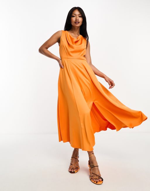 Closet London draped cowl neck satin midaxi dress in orange | ASOS