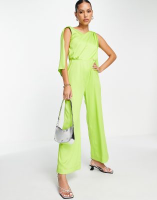 Closet London - Drapierter Jumpsuit aus Satin in Limettengrün mit weitem Bein