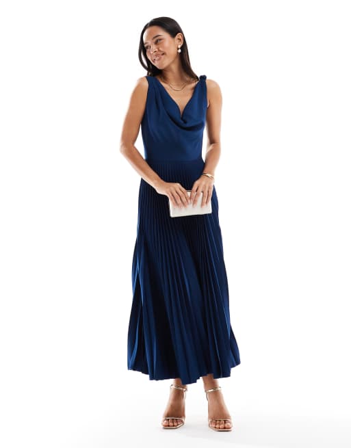 Closet London Dress ivory pleated cowl neck dress in navy