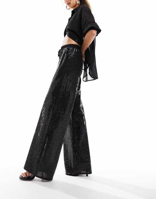 Black Sequin Tailored Wide Leg Pants