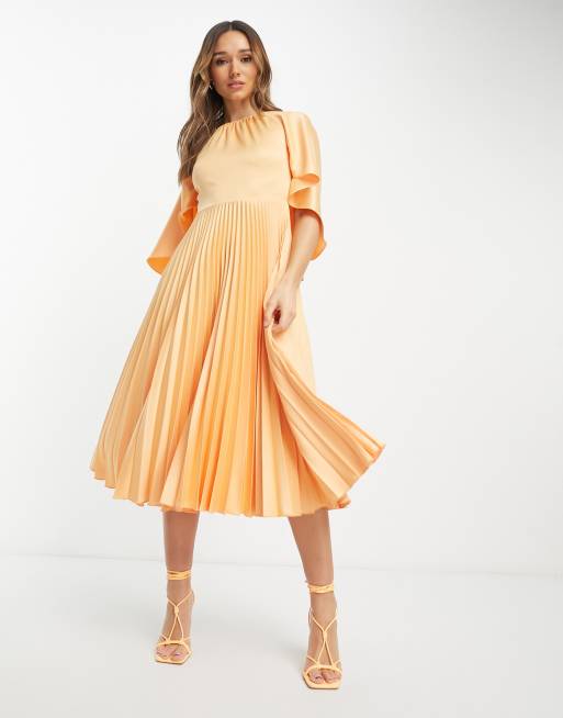 Closet London flutter sleeve pleated midi dress in orange ASOS