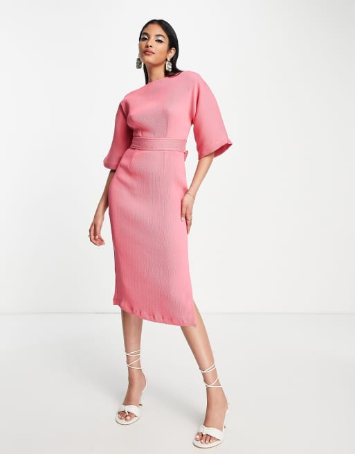 Closet London - Geribbelde midi kokerjurk in roze