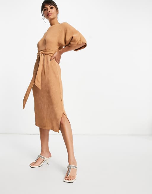 Closet London Geripptes Bleistiftkleid mit Midilange in Camel ASOS