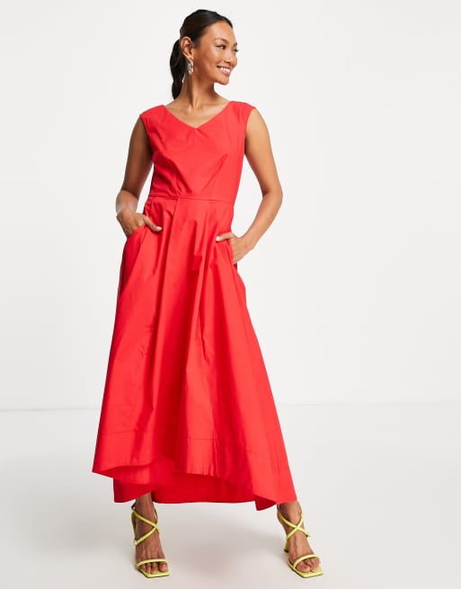 Closet London - Geweven midaxi jurk met ongelijke zoom in rood