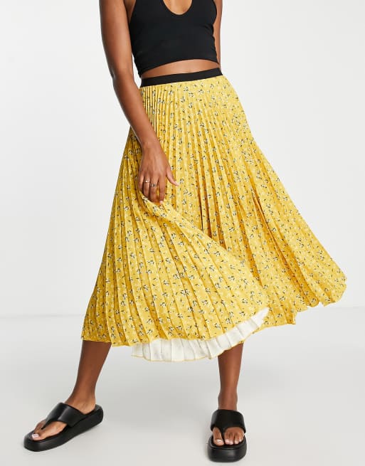 Closet London - Gonna a pieghe midi giallo senape con stampa 
