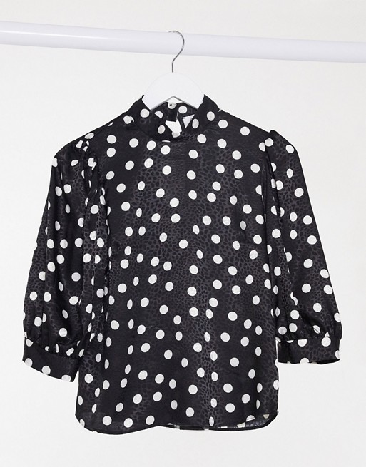 Closet London high neck balloon sleeve blouse in black with polka dot