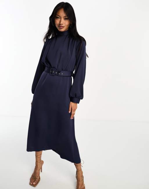 Closet London high neck belted midi dress in midnight blue | ASOS