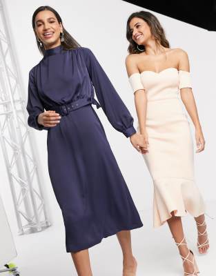 navy high neck midi dress