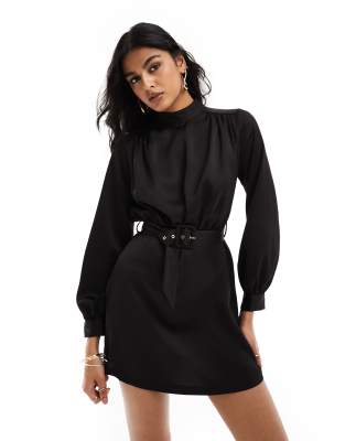 Closet London High Neck Belted Mini Dress In Black