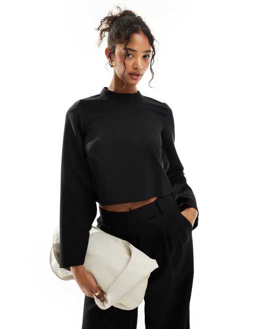 Closet London high neck fluted sleeve top in black (part of a set)