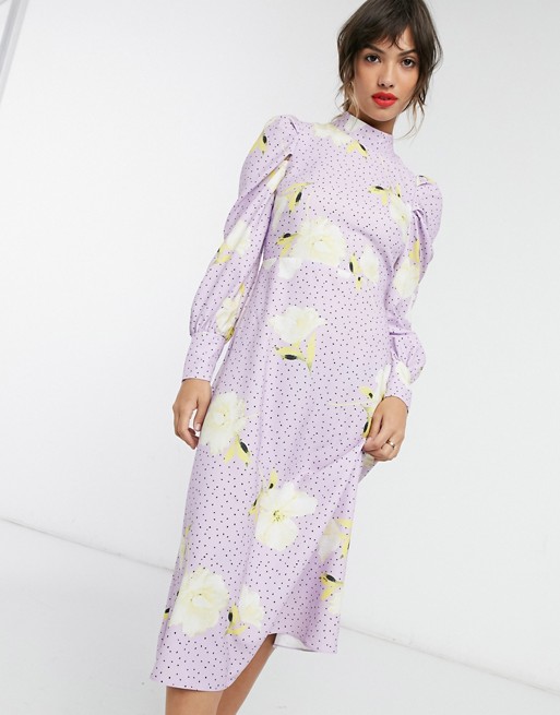 Closet London high neck midi dress in lilac polka dot oversized floral