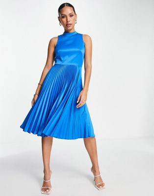 high neck pleated midi dress in cobalt-Blue