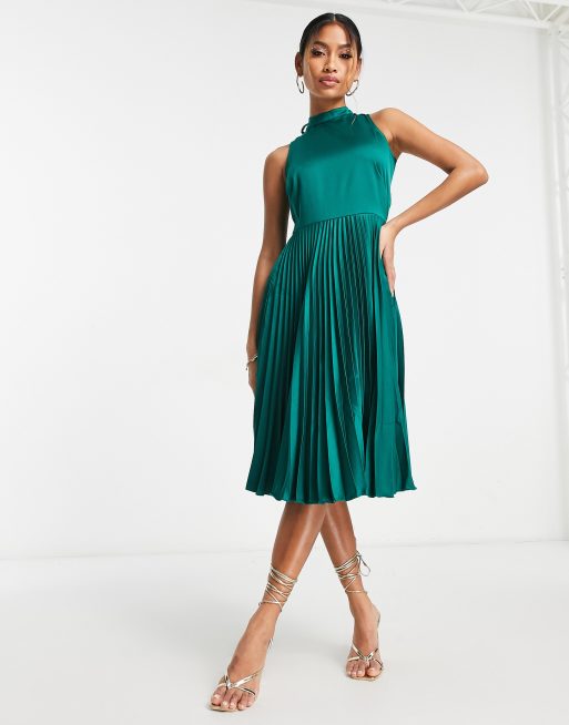 Closet London high neck pleated midi dress in emerald