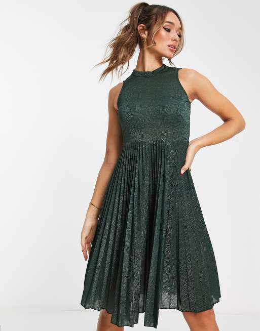 Closet London high neck pleated midi dress in metallic emerald