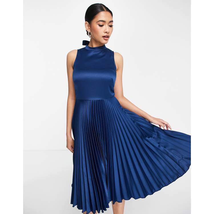 Closet London high neck pleated midi dress in navy