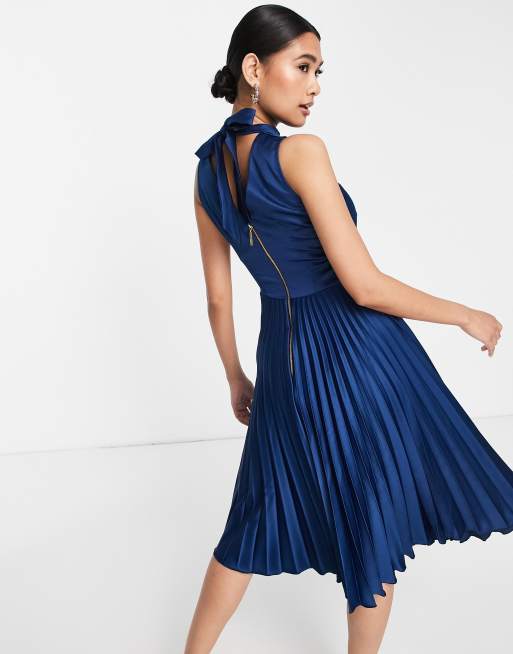 Closet London high neck pleated midi dress in navy