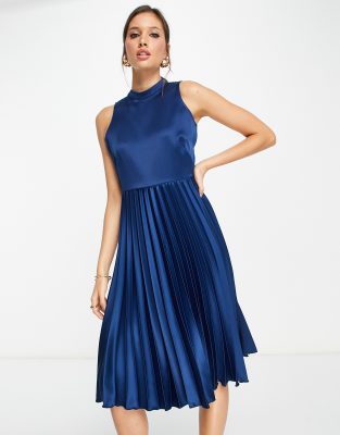 Closet London High Neck Pleated Midi Dress In Navy