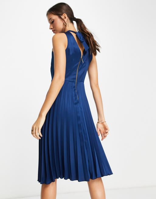 Closet London high neck pleated midi dress in navy