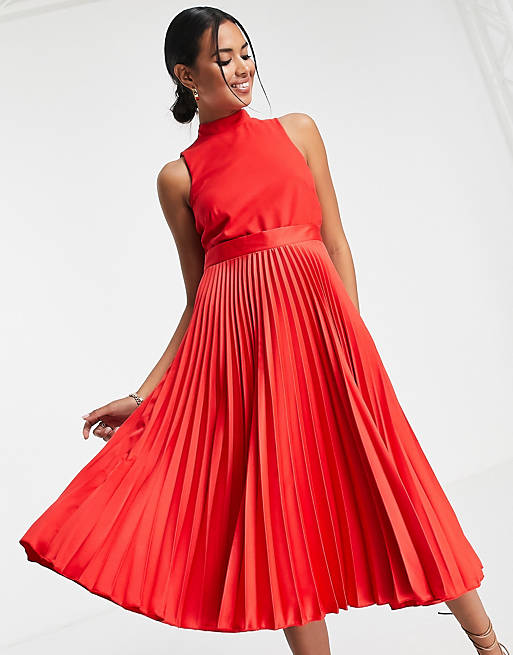 Women Closet London high neck pleated midi dress in ruby red 