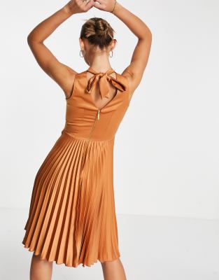 Closet pleated skirt midi dress hot sale in rust