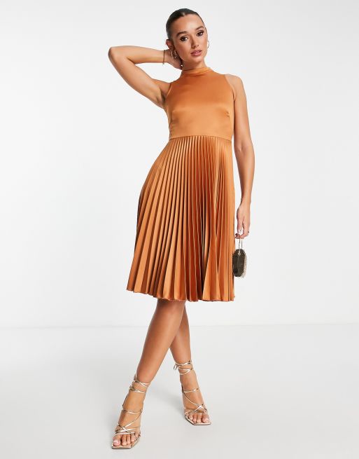 Closet pleated skirt midi dress store in rust