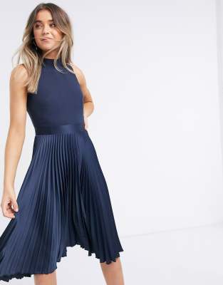 navy pleated midi dress