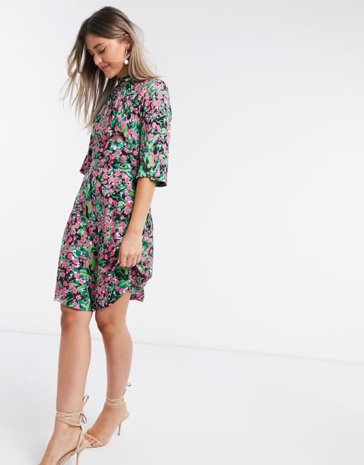 Closet London high neck short mini dress in bright ditsy floral