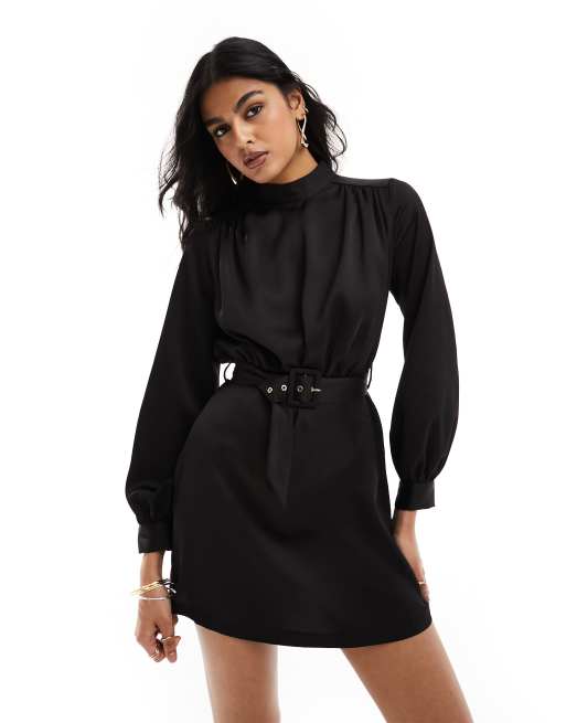 Closet London – Hochgeschlossenes Minikleid in Schwarz mit Gürtel