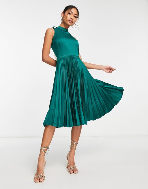 Closet London - Hooggesloten, geplooide midi-jurk in smaragdgroen