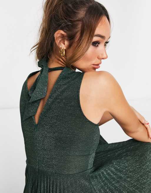 Closet London - Hoogsluitende, geplooide mid jurk in metallic smaragdgroen, 3 van 4