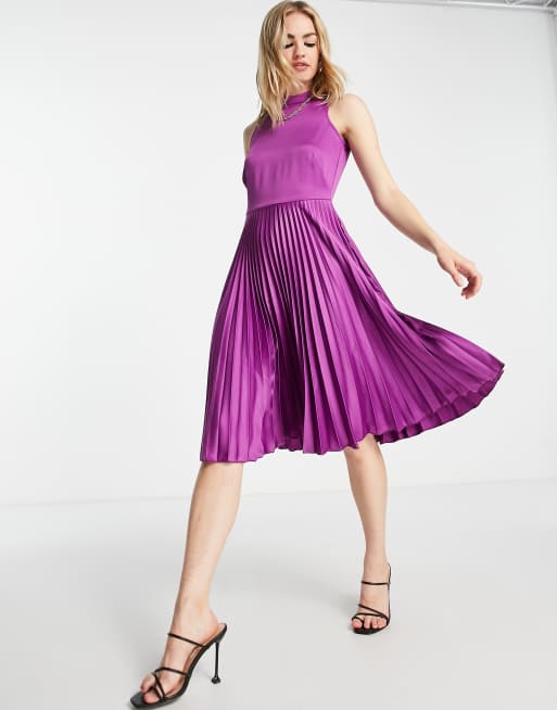 Closet London - Hoogsluitende, geplooide midi jurk in paars