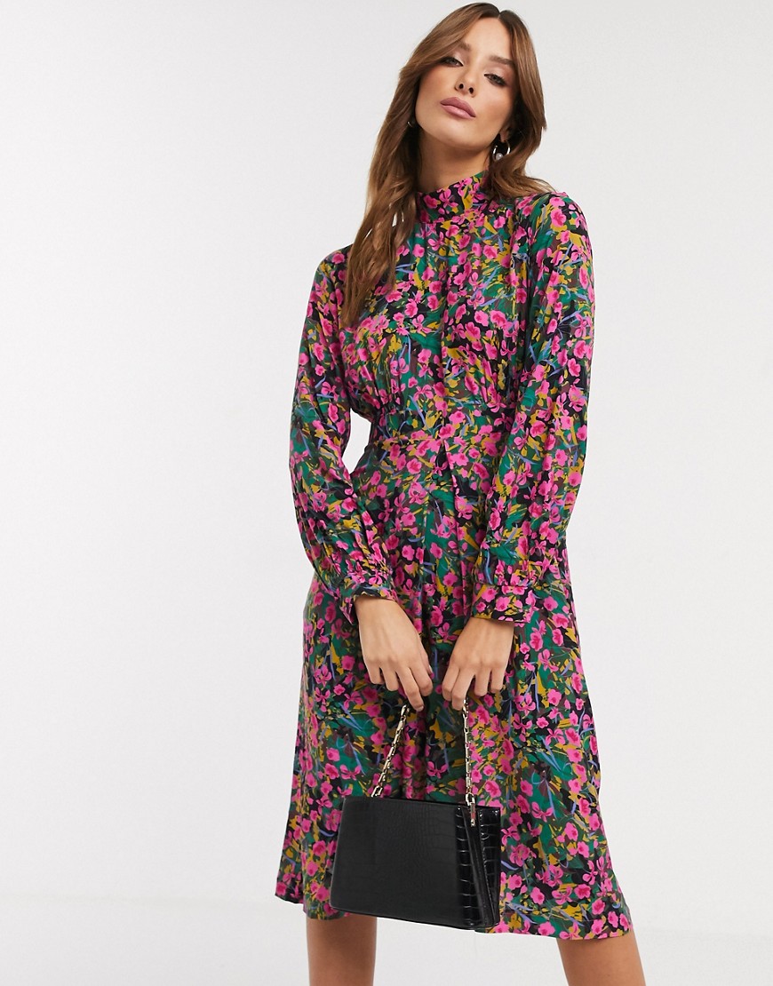 Closet London - Hoogsluitende midi-jurk met pofmouwen en fijne bloemenprint-Multi