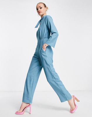 Closet London jumpsuit in allover print in duck egg blue