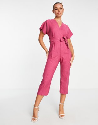 Closet London - Jumpsuit in Pflaume mit Taillenband und Kimonoärmeln-Rot