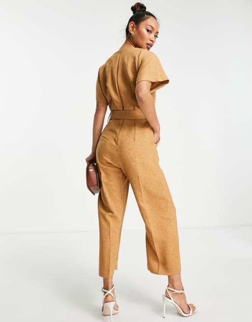 Closet London - Jumpsuit met overslag en strikceintuur in camel, 2 van 4