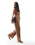 Closet London jumpsuit with pockets in tan brown