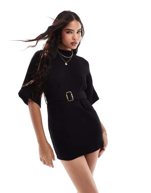 Closet London - Kimono mini jurk met riem in zwart