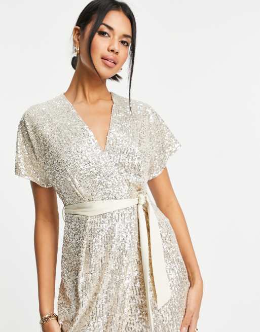 Closet London kimono sequin wrap dress in champagne | ASOS