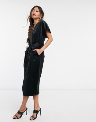 Closet London kimono sleeve velvet midi dress with wrap tie in black