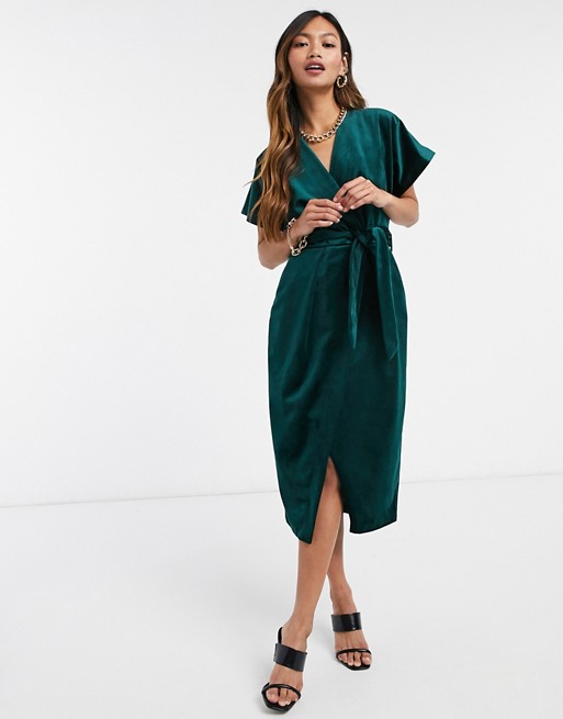 Closet London kimono sleeve velvet midi dress with wrap tie in emerald green