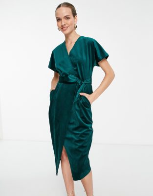 Closet London Kimono Sleeve Velvet Midi Dress With Wrap Tie In Emerald-green